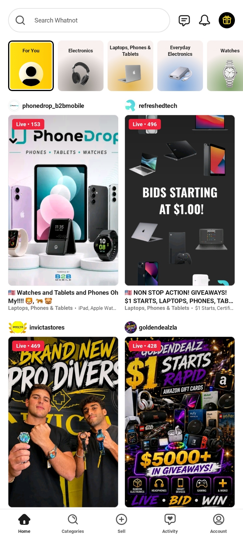 Whatnot clone home feed with live shopping shows and categories